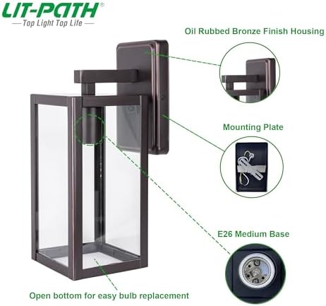 LIT-PaTH 2-Pack Wall Lantern with E26 Base Glass Shade