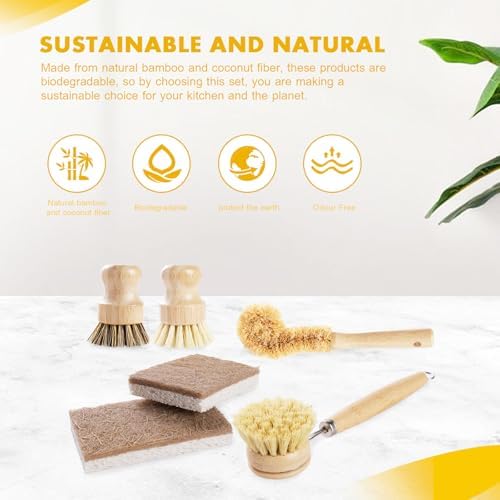 DEBETOOL 6-Piece Bamboo Dish Brush Set