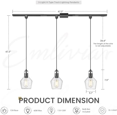Emliviar 3-Light H Track Pendant Light in Black with Seeded Glass