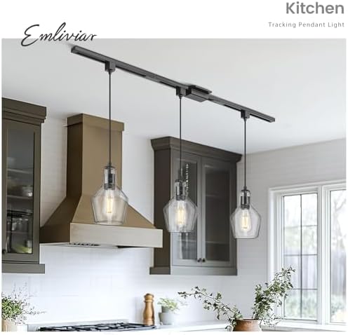 Emliviar 3-Light H Track Pendant Light in Black with Seeded Glass