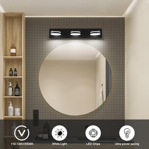 Bicrink 3-Light Matte Black Vanity Light Over Mirror