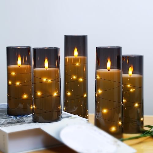 Flameless LED Candles with Timer 5 Pack - Battery Operated Grey