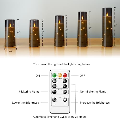 Flameless LED Candles with Timer 5 Pack - Battery Operated Grey
