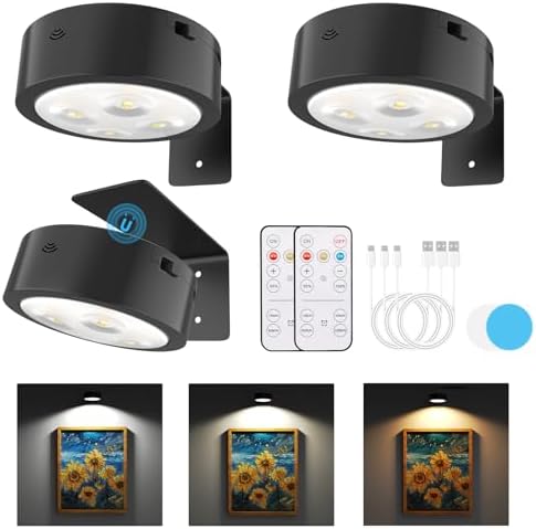 Narotood 3 Pack Rechargeable Picture Lights with Remote Control Timer