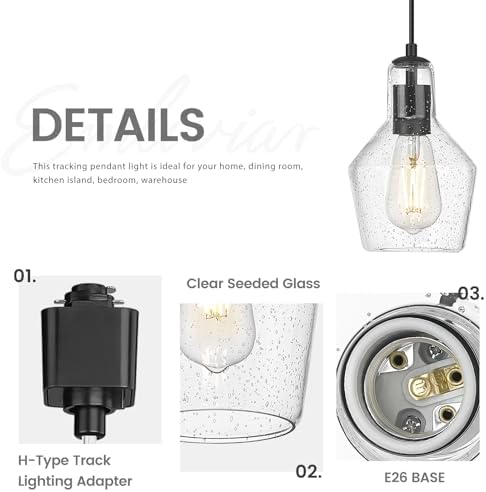 Emliviar 3-Light H Track Pendant Light in Black with Seeded Glass
