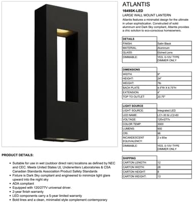 Hinkley Atlantis Large Wall Mount Outdoor Lantern - Satin Black Finish