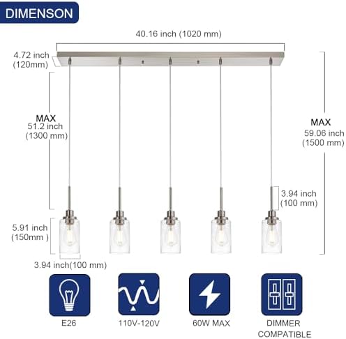 TODOLUZ 5-Light Farmhouse Chandelier with Brushed Nickel and Seeded Glass Shades
