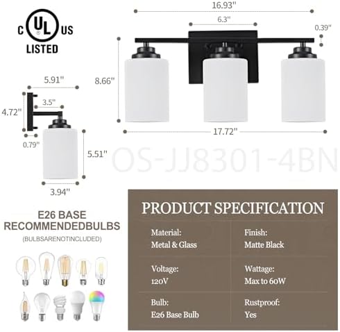 Osimir Black 3-Light Vanity Wall Sconce with Milky Glass