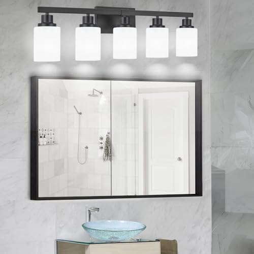 DIKAIDA 5-Light Matte Black Vanity Light Over Mirror