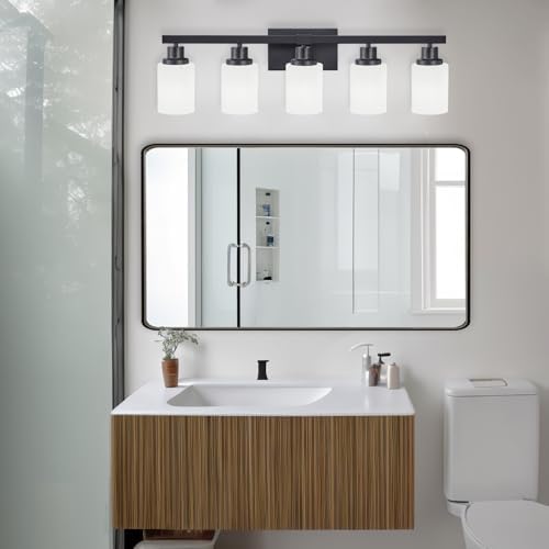 DIKAIDA 5-Light Matte Black Vanity Light Over Mirror