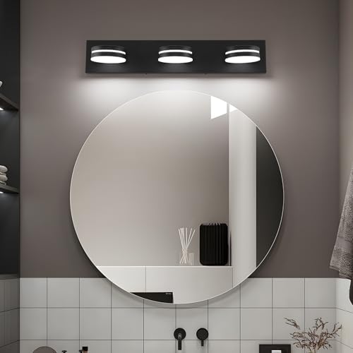 Bicrink 3-Light Matte Black Vanity Light Over Mirror
