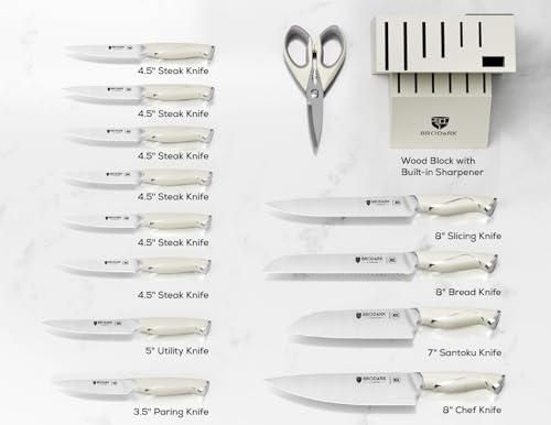 BRODARK Ivory Series 15Pc Chef Knife Set with Block and Sharpener