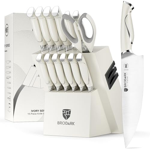 BRODARK Ivory Series 15Pc Chef Knife Set with Block and Sharpener