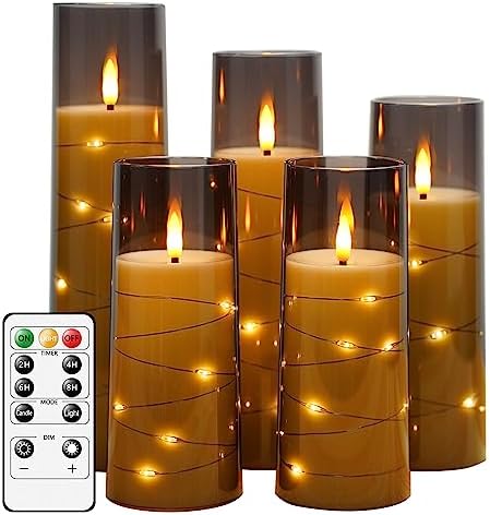 Flameless LED Candles with Timer 5 Pack - Battery Operated Grey