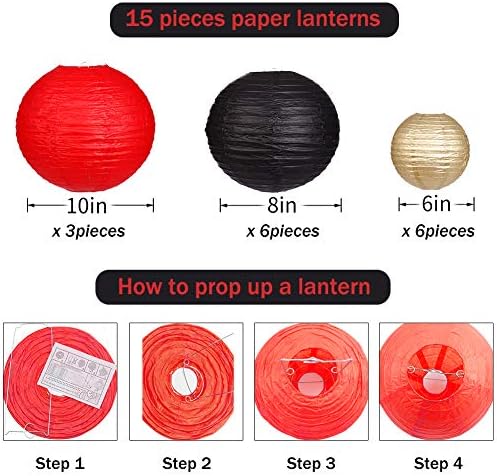 Zilue 15pcs Round Paper Lanterns Black Gold Red Party Decor