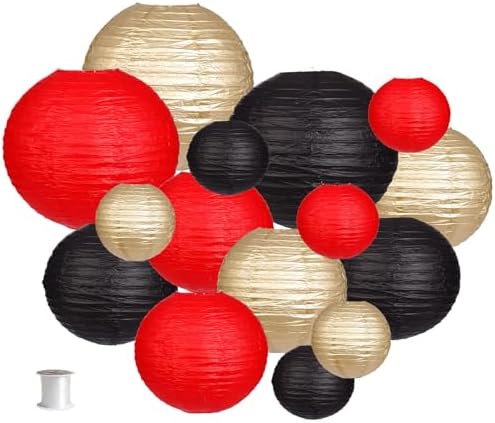 Zilue 15pcs Round Paper Lanterns Black Gold Red Party Decor