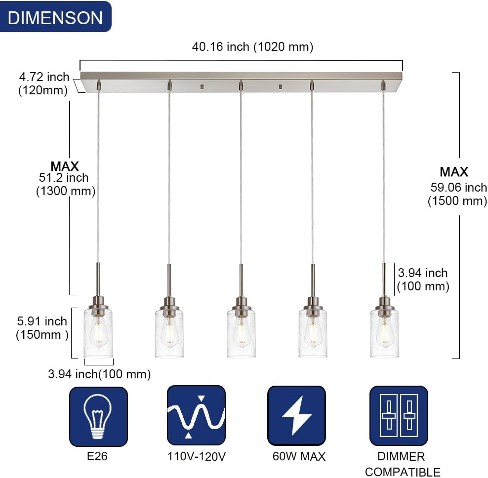 TODOLUZ 5-Light Farmhouse Chandelier with Brushed Nickel and Seeded Glass Shades