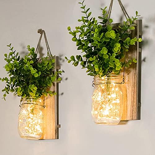 ECTY Rustic Wall Sconces with LED Fairy Lights and Green Plant