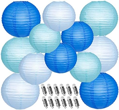 YUNXUAN Blue Paper Lanterns with LED Lights Set of 12