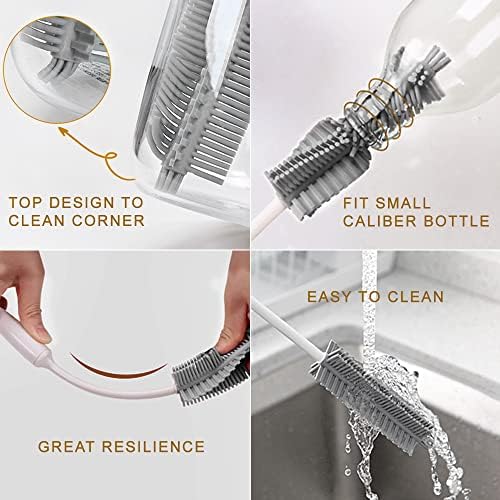 Bottle Cleaning Brush Set 3pcs - Long Handle Silicone Thermos Lid Brushes