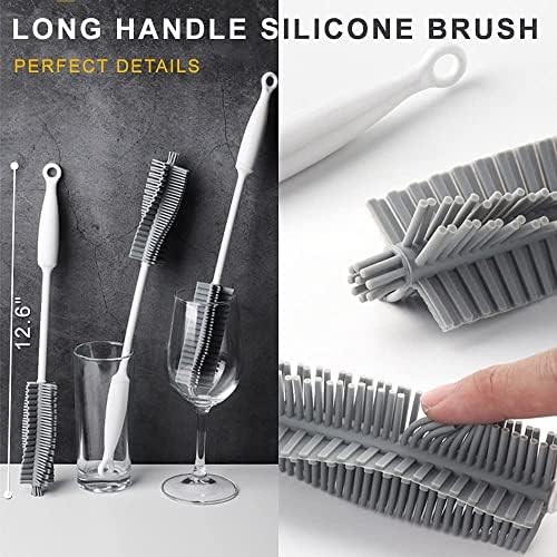 Bottle Cleaning Brush Set 3pcs - Long Handle Silicone Thermos Lid Brushes