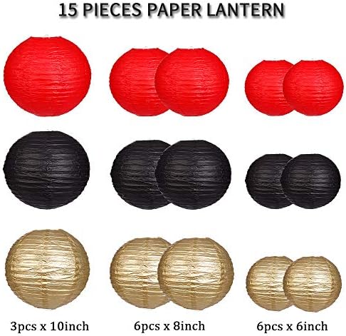 Zilue 15pcs Round Paper Lanterns Black Gold Red Party Decor