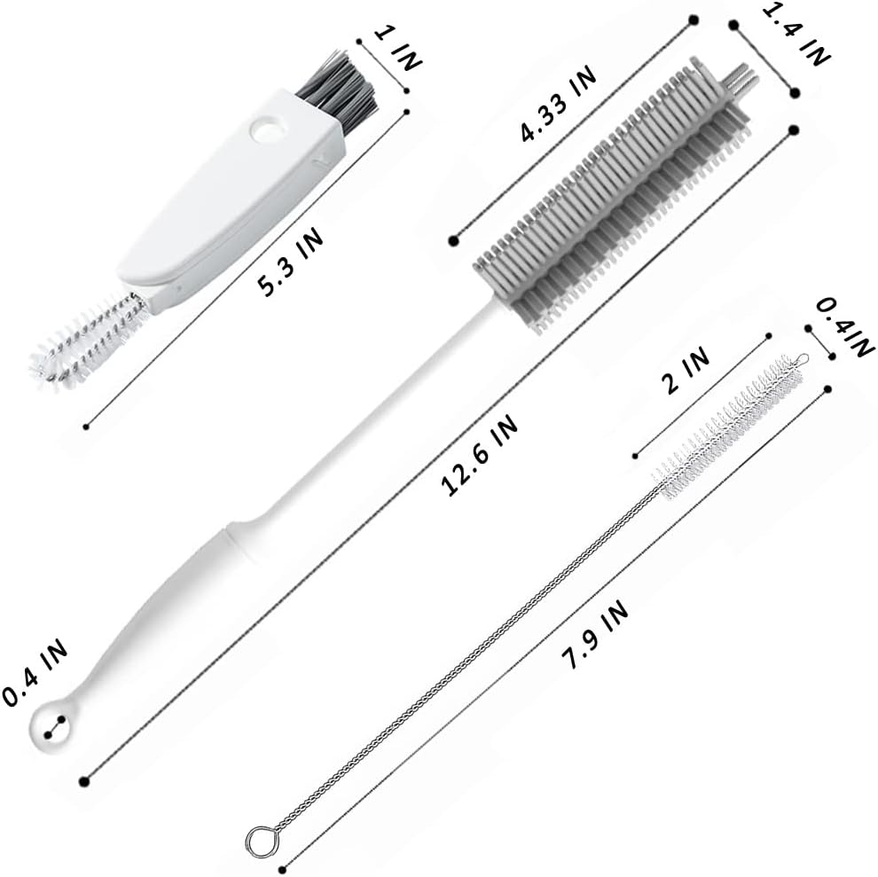 Bottle Cleaning Brush Set 3pcs - Long Handle Silicone Thermos Lid Brushes