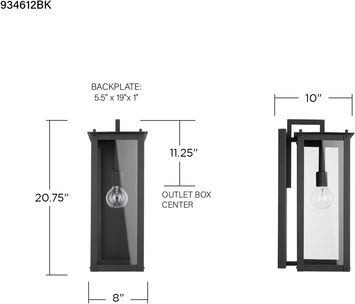 Capital Lighting 934612BK Wall Lantern with 100W Light 21 H x 8 W