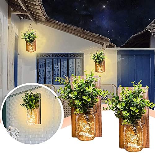 ECTY Rustic Wall Sconces with LED Fairy Lights and Green Plant