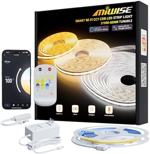 MIWISE CCT COB LED Strip Light 20ft Dimmable 2700K-6500K 1