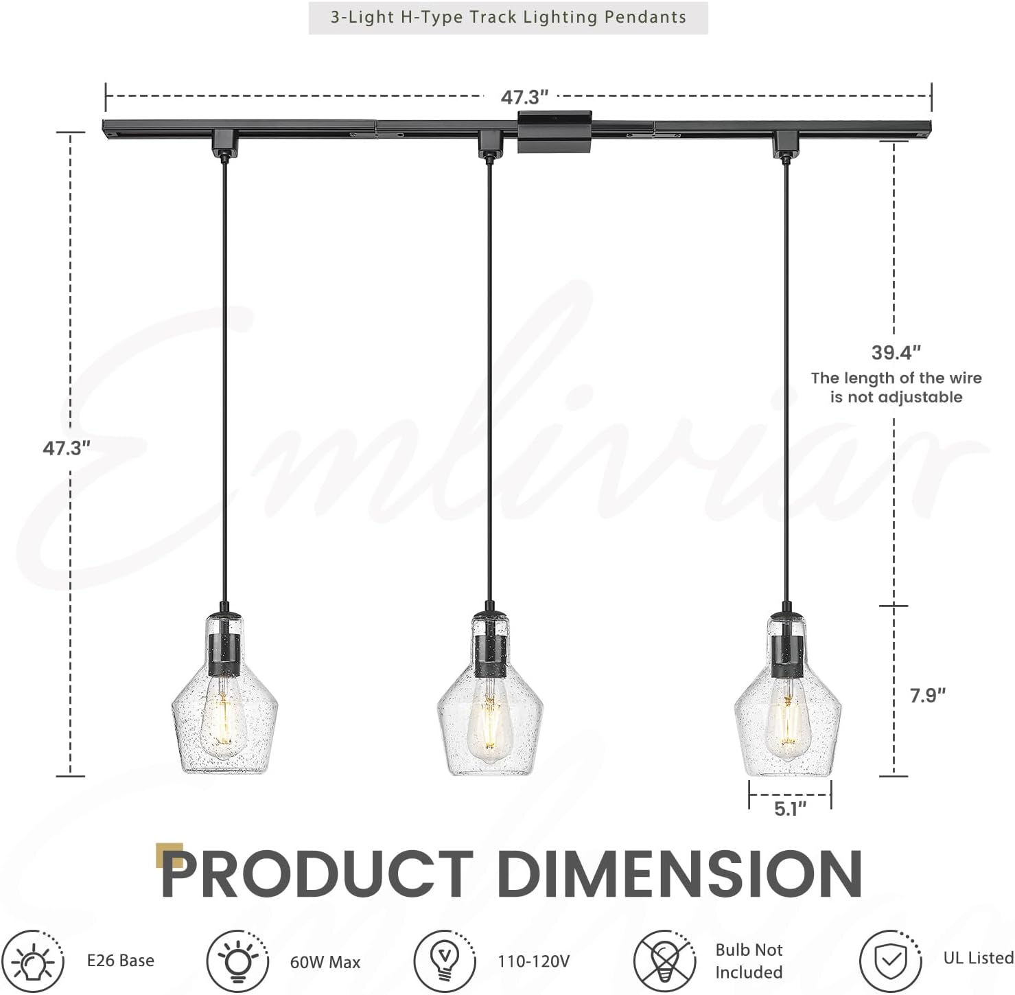 Emliviar 3-Light H Track Pendant Light in Black with Seeded Glass