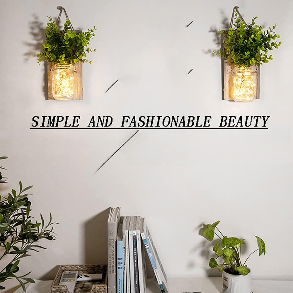 ECTY Rustic Wall Sconces with LED Fairy Lights and Green Plant