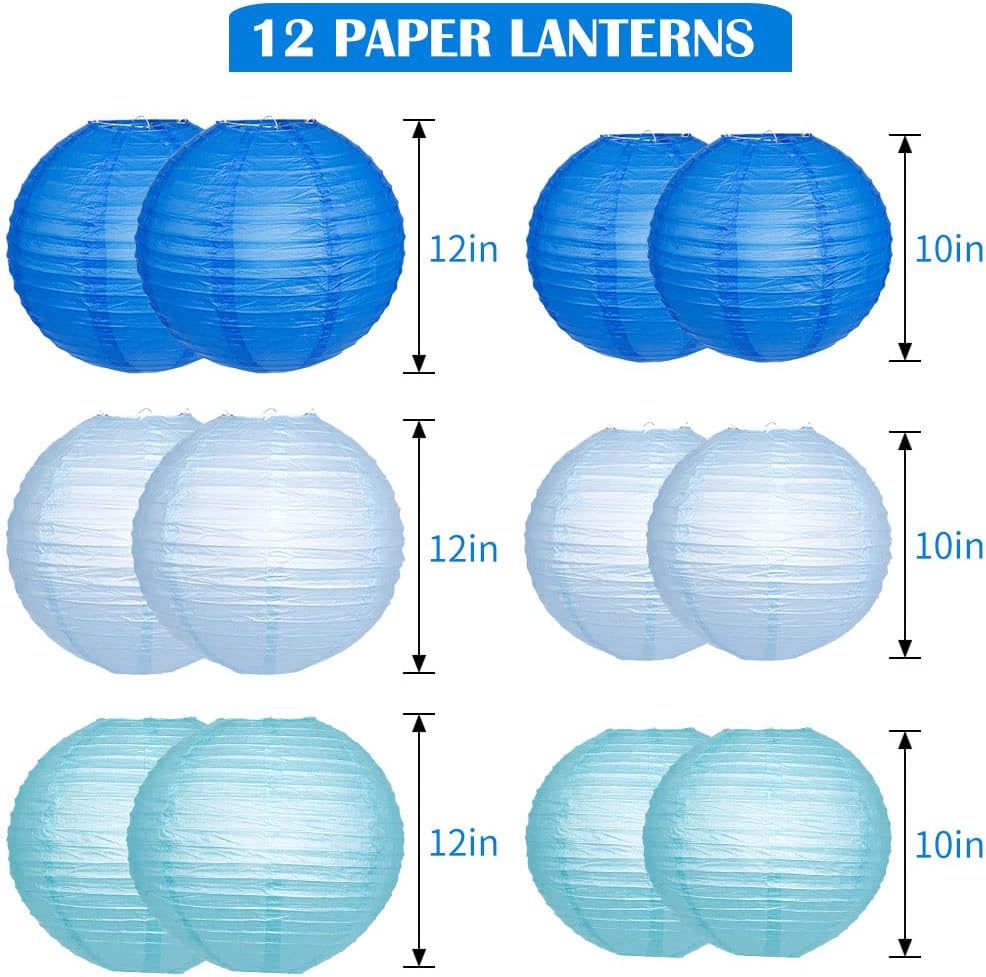 YUNXUAN Blue Paper Lanterns with LED Lights Set of 12