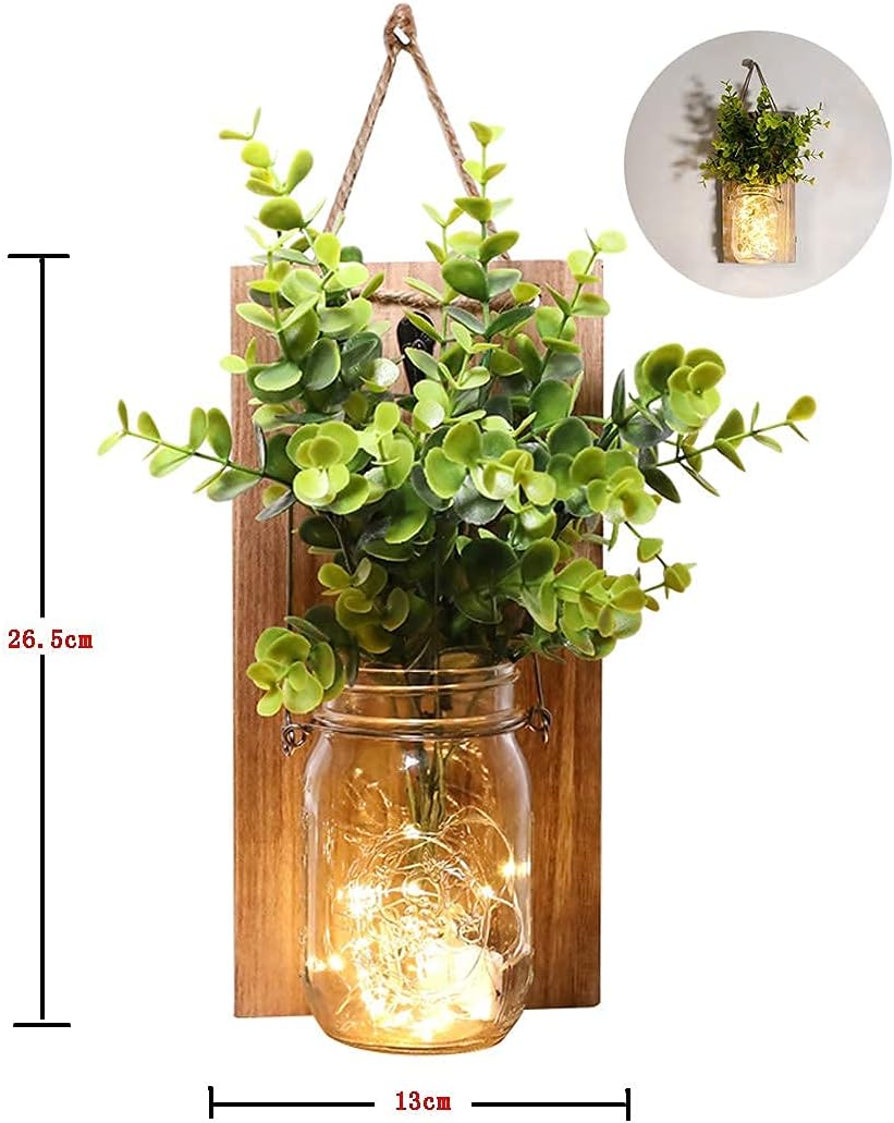 ECTY Rustic Wall Sconces with LED Fairy Lights and Green Plant
