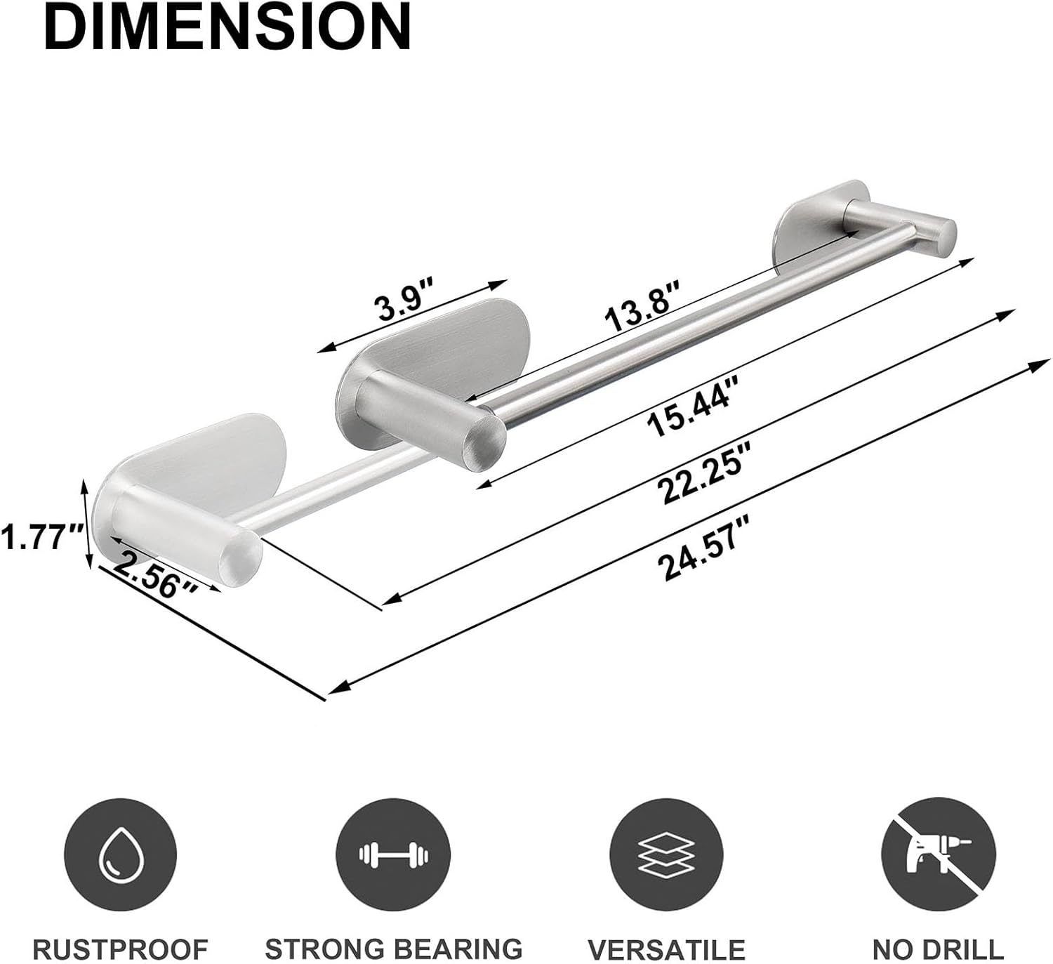 TocTen Self Adhesive Towel Bar - Adjustable 16-24 inches