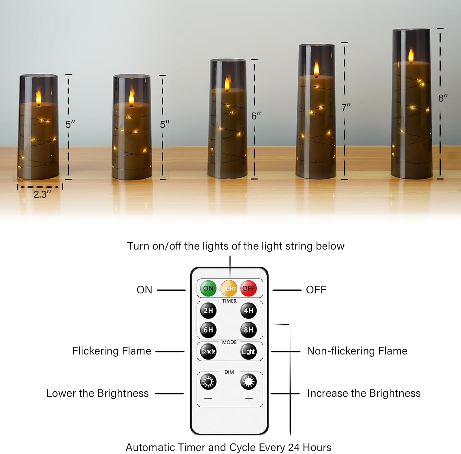 Flameless LED Candles with Timer 5 Pack - Battery Operated Grey