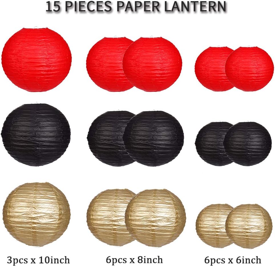 Zilue 15pcs Round Paper Lanterns Black Gold Red Party Decor