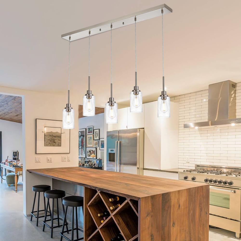 TODOLUZ 5-Light Farmhouse Chandelier with Brushed Nickel and Seeded Glass Shades