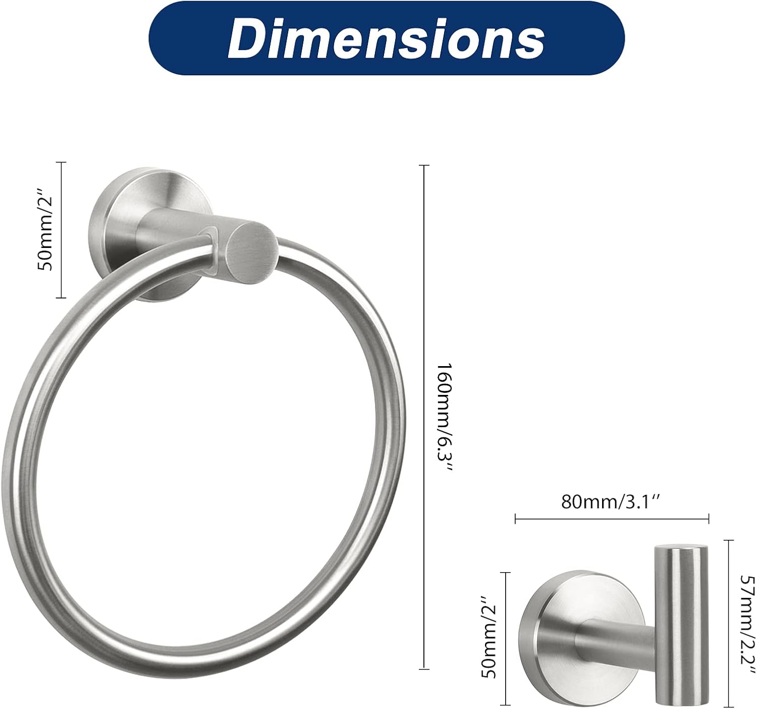 NearMoon 3-Piece Bathroom Hardware Set - Brushed Nickel Towel Ring Hooks