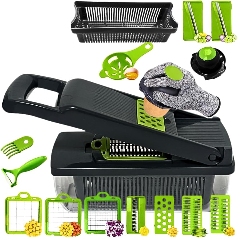 Quick Sync 16-in-1 Vegetable Chopper with 8 Blades and Safety Gloves