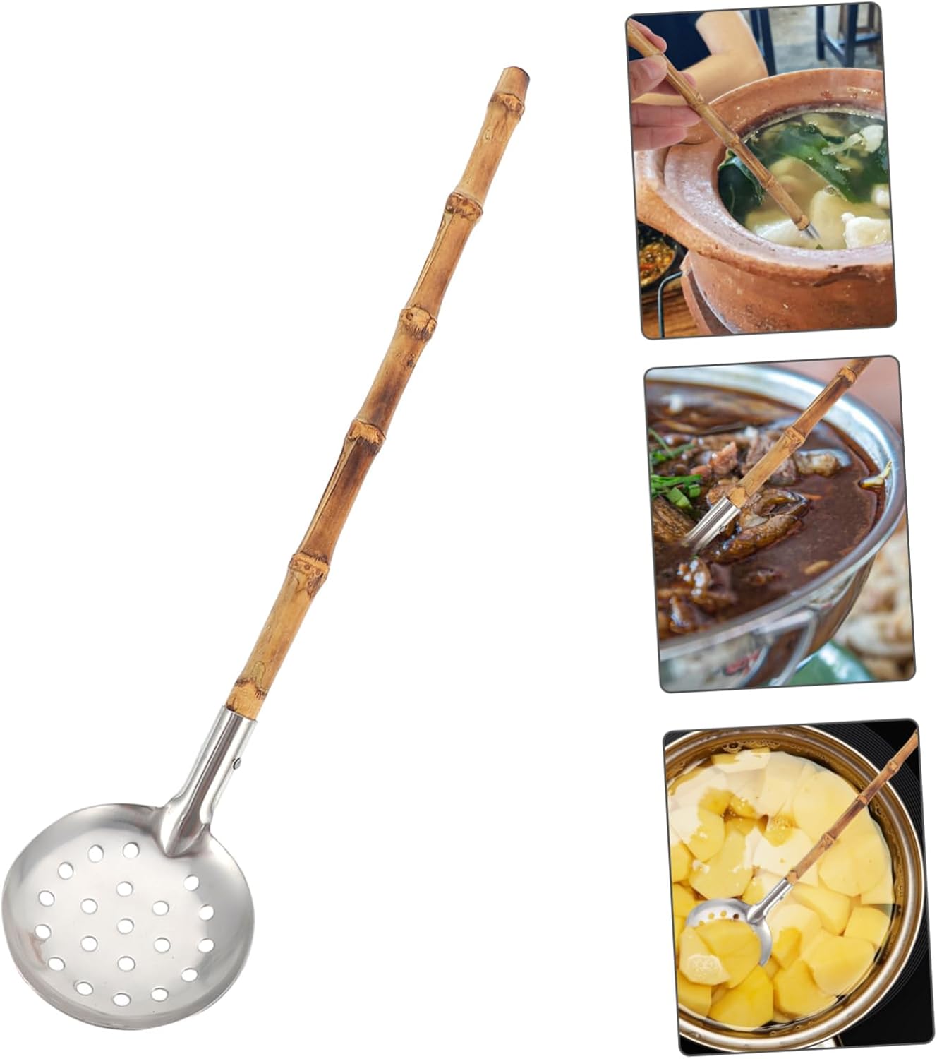 GRIRIW Sturdy Stainless Steel Bamboo Hot Pot Ladle