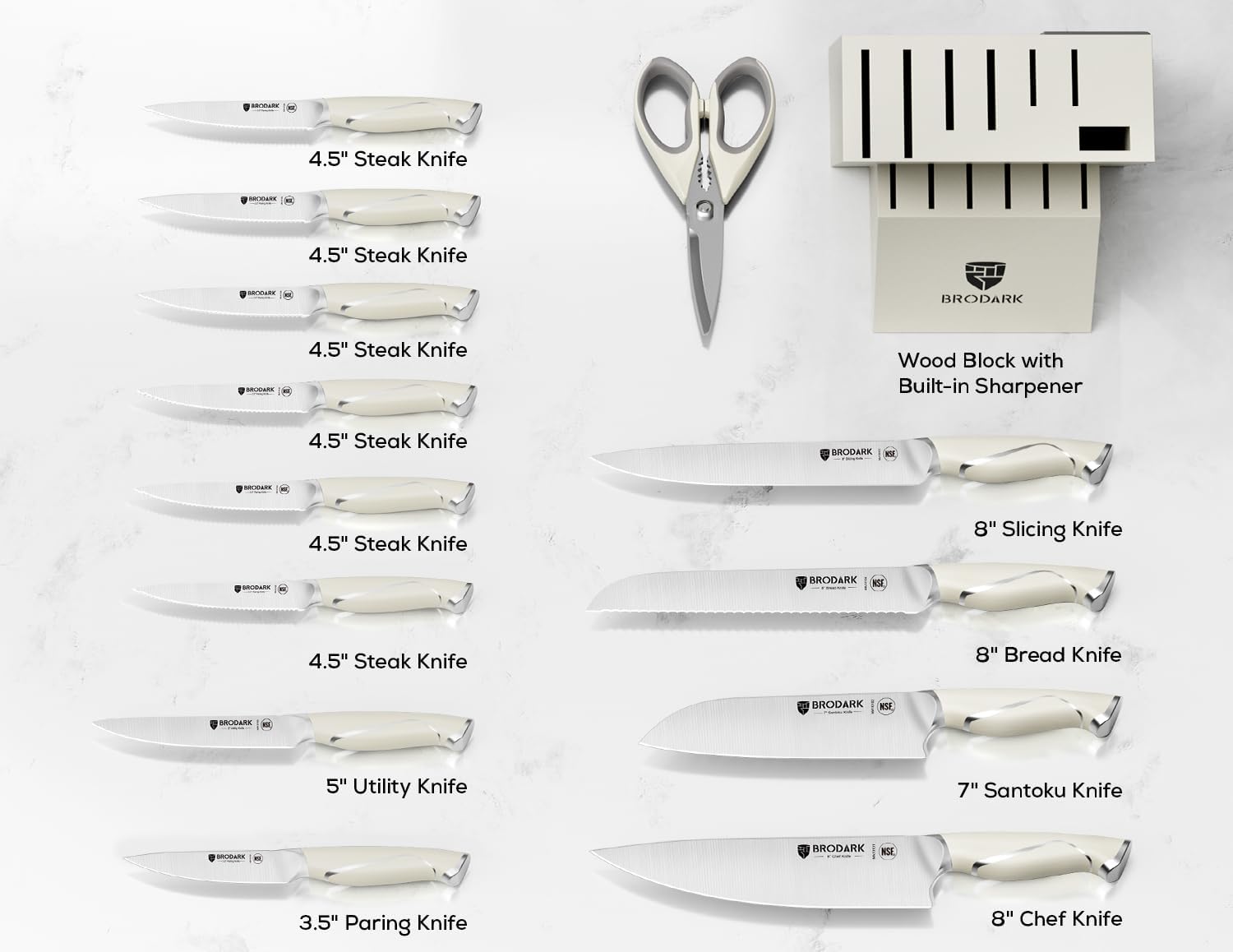 BRODARK Ivory Series 15Pc Chef Knife Set with Block and Sharpener