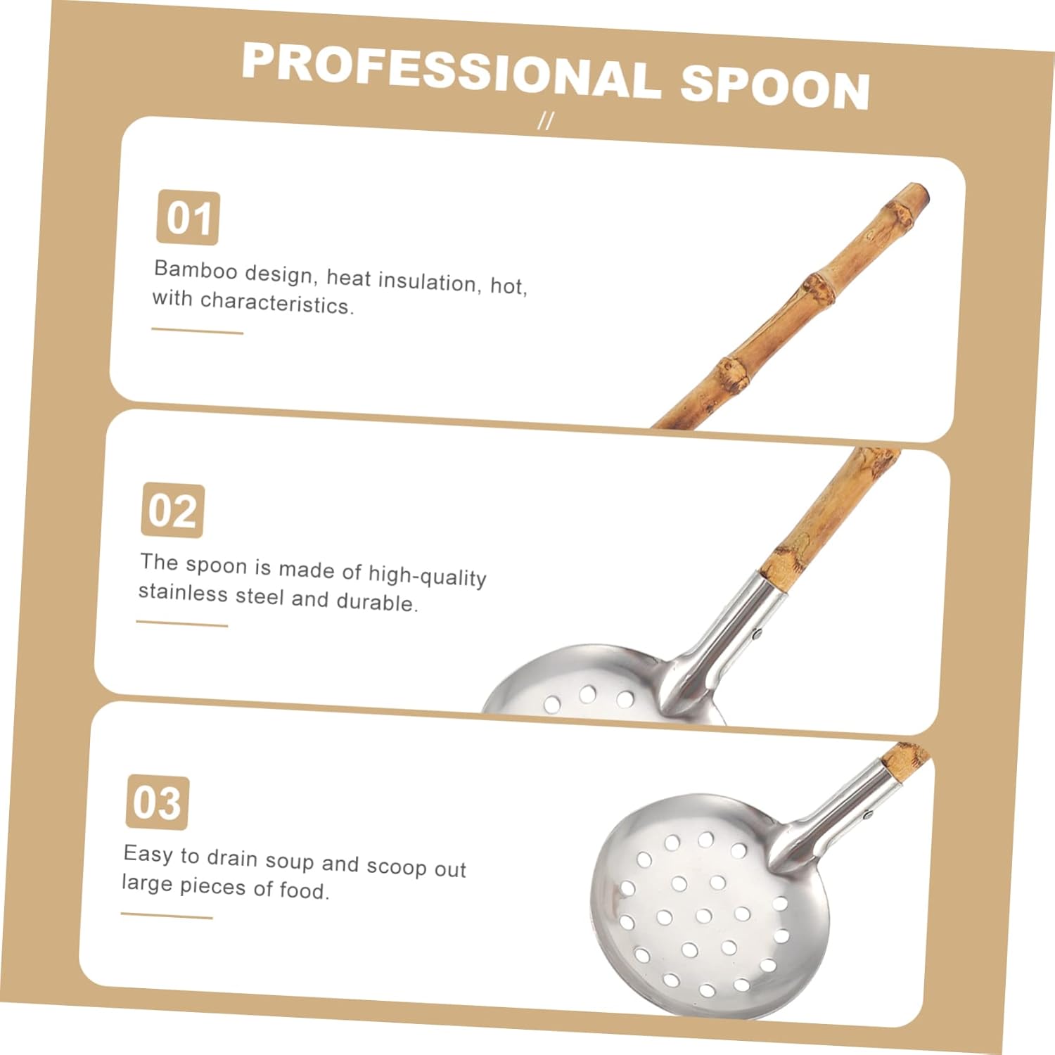 GRIRIW Sturdy Stainless Steel Bamboo Hot Pot Ladle
