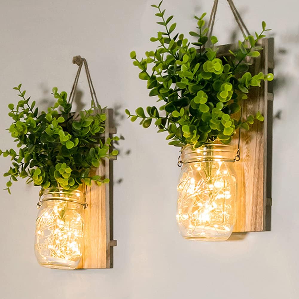 ECTY Rustic Wall Sconces with LED Fairy Lights and Green Plant