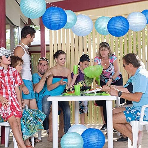 YUNXUAN Blue Paper Lanterns with LED Lights Set of 12