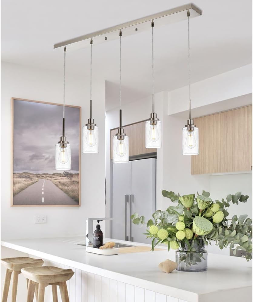 TODOLUZ 5-Light Farmhouse Chandelier with Brushed Nickel and Seeded Glass Shades