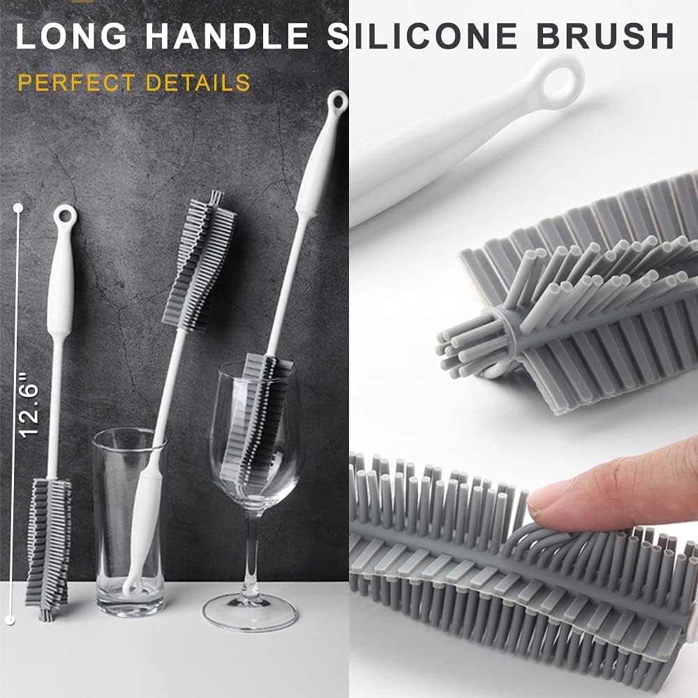 Bottle Cleaning Brush Set 3pcs - Long Handle Silicone Thermos Lid Brushes