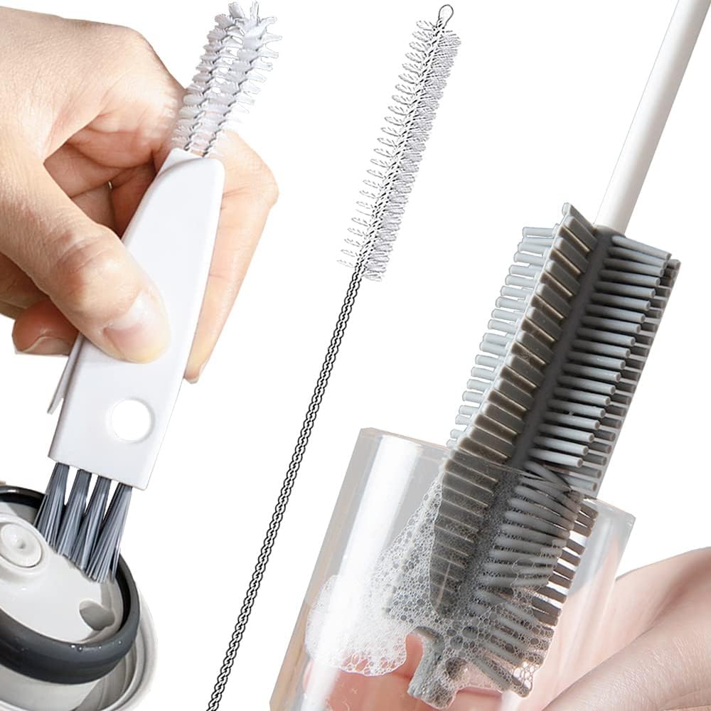 Bottle Cleaning Brush Set 3pcs - Long Handle Silicone Thermos Lid Brushes