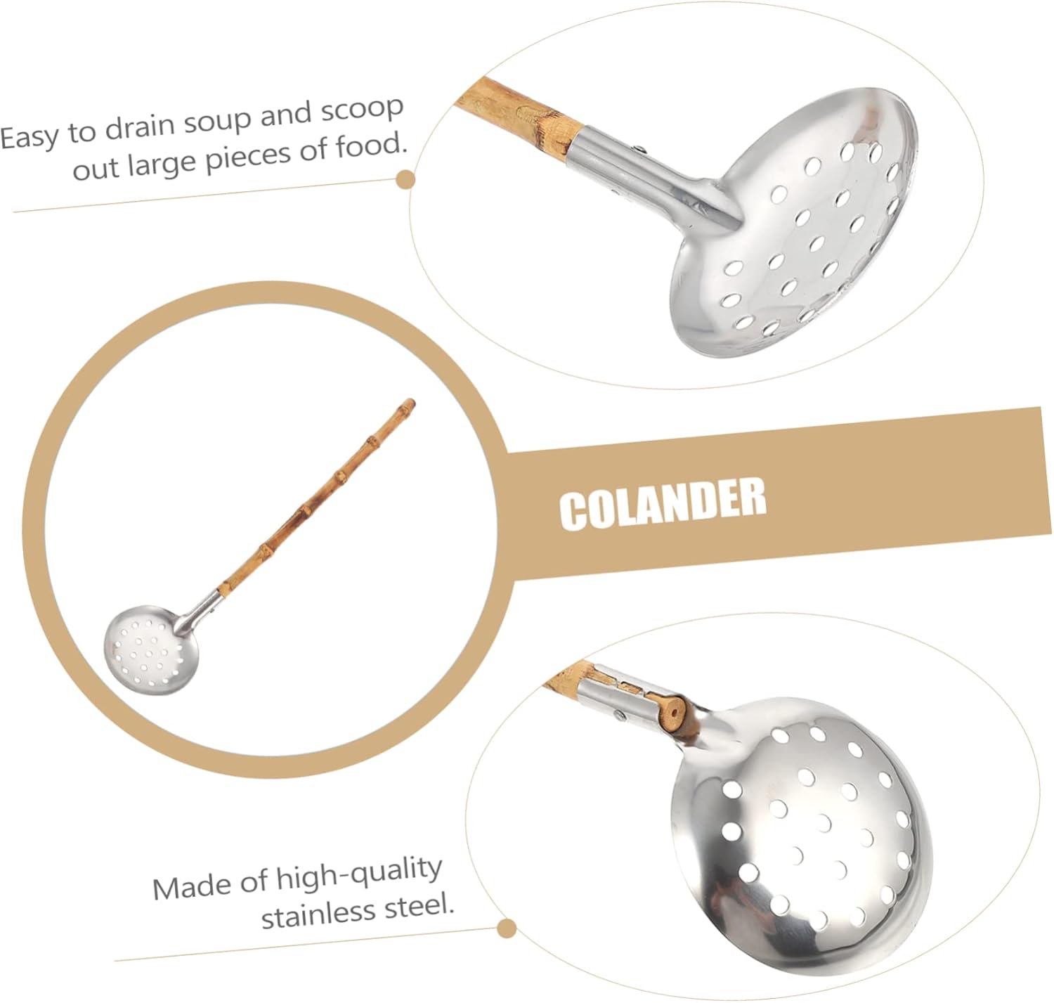 GRIRIW Sturdy Stainless Steel Bamboo Hot Pot Ladle