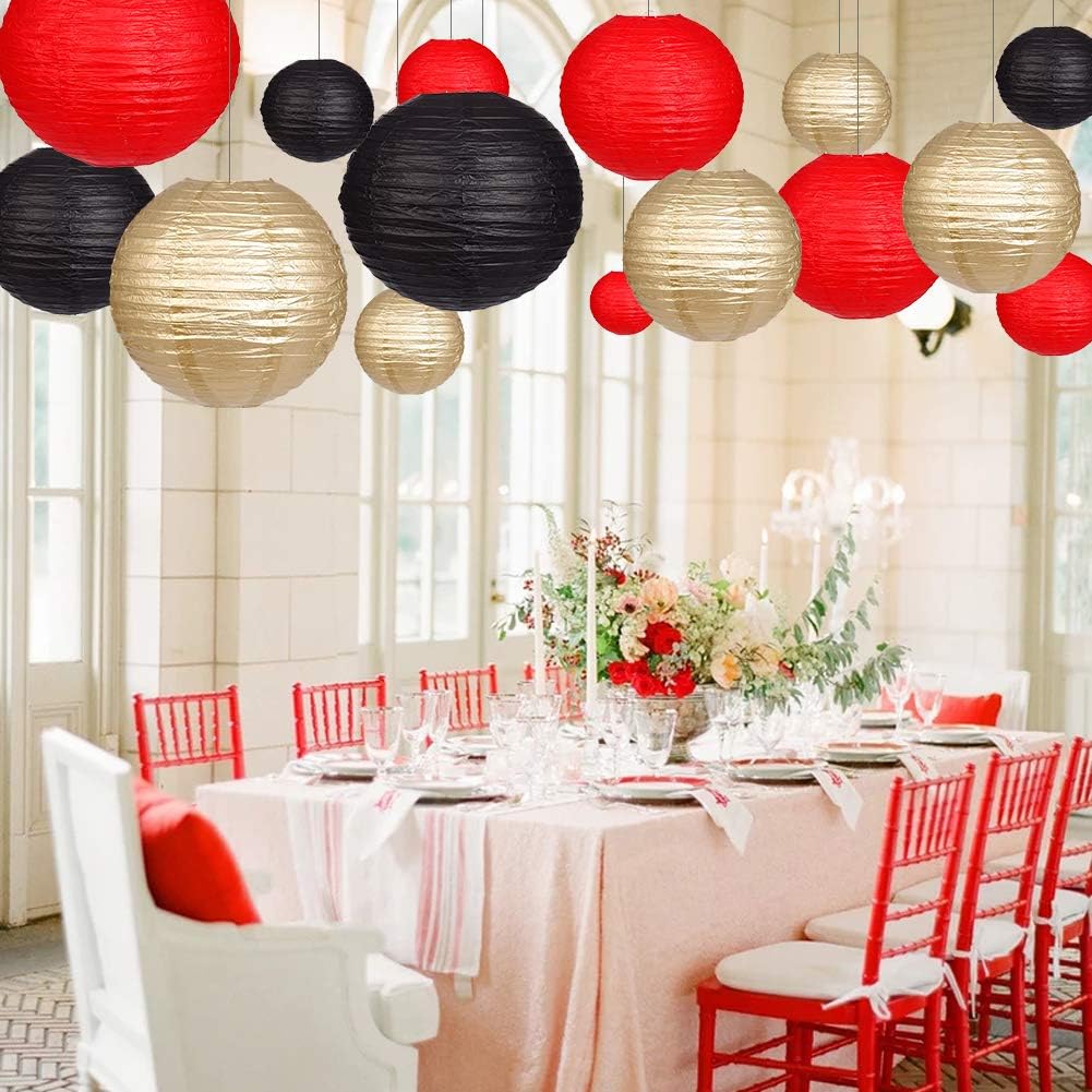 Zilue 15pcs Round Paper Lanterns Black Gold Red Party Decor